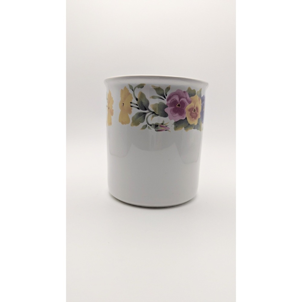 Vintage White Ceramic Floral Pansy Utensil Holder Planter Crock Cottagecore